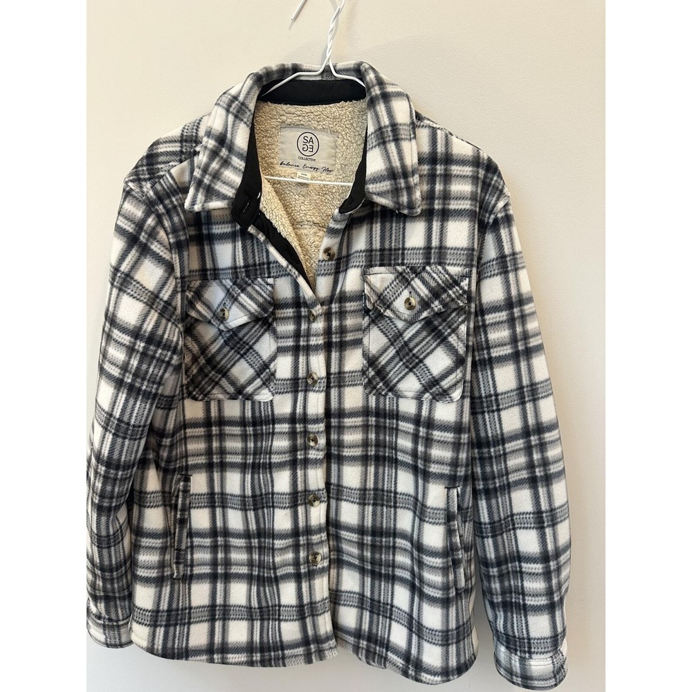 Sage Collective Gray  Plaid Thick Sherpa Lined Fleece Shacket -‎ Women's Medium